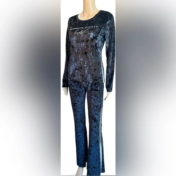 GIUSEPPE ZANOTTI 2pc Rhinestone Studded Black Velour Sweatsuit/Loungewear Sz S - Picture 1 of 11